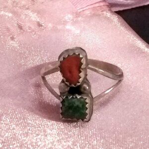 Turquoise and Red Coral Size 8 Ring